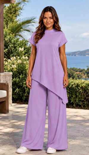Conjunto Feminino Elegante Túnica Alongada Assimétrica e Pantalona Ana Ruga - lilás