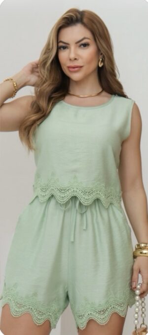 Conjunto Feminino Linho Bordado Regata e Shorts – Verde Menta