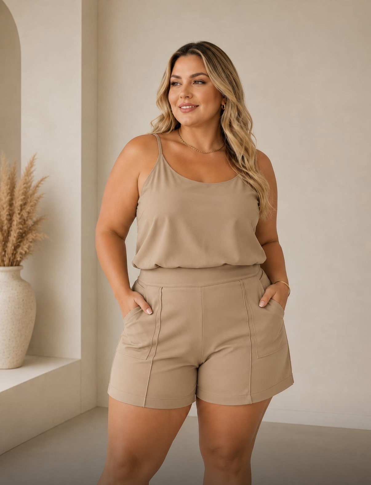 Conjunto Feminino Plus Size Blusa Regata com Amarração e Shorts em Crepe Duna - Mostarda - Imagem 3