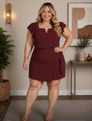 Conjunto Feminino Plus Size Blusa Regata com Amarração e Shorts em Crepe Duna - Mostarda