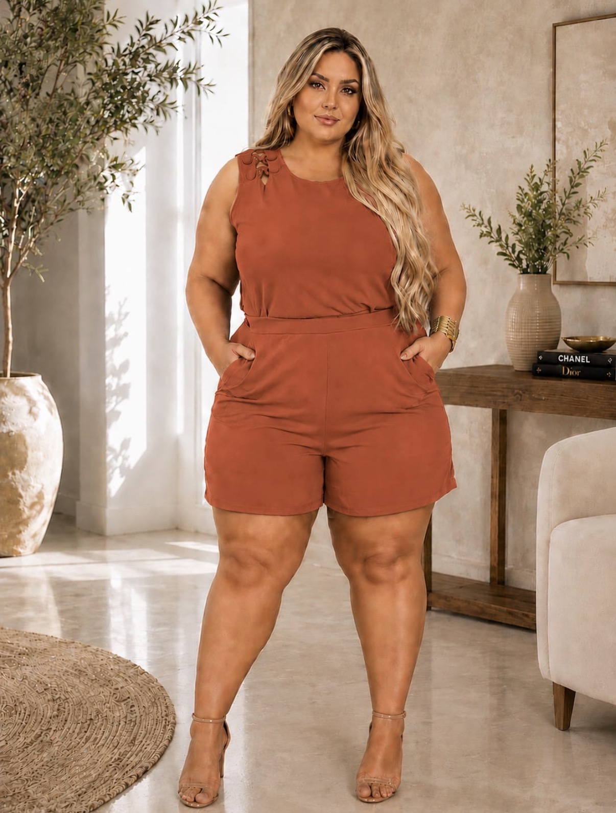 Conjunto Feminino Plus Size Blusa Regata com Detalhe Trançado e Shorts em Crepe Duna - Terracota