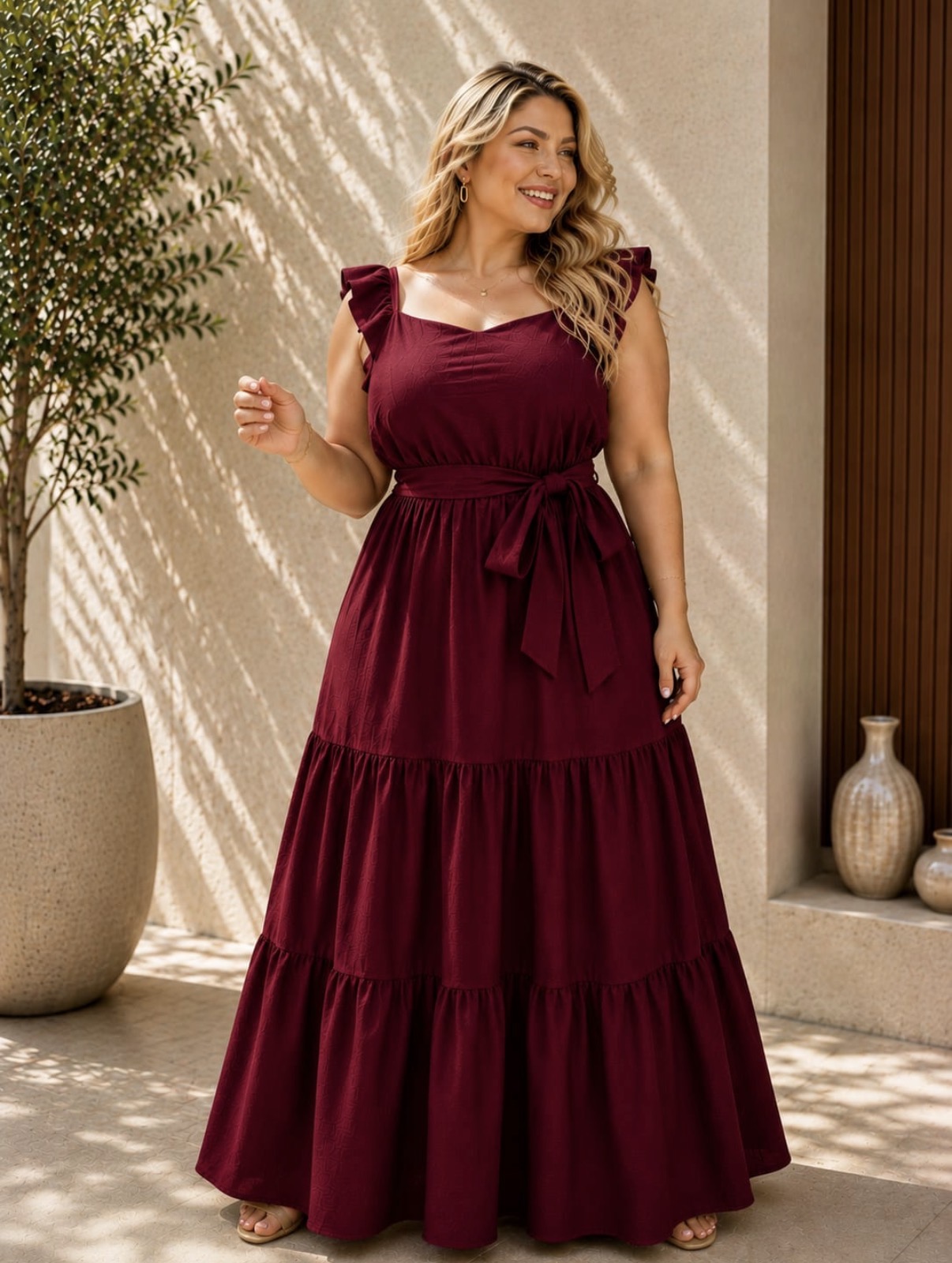 Vestido Longo Crepe Duna Três Marias – Alças com Babados e Faixa Vinho