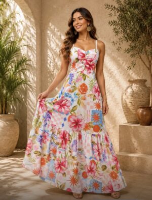 Vestido Longo Crepe Duna Tropical – Floral e Cítrico