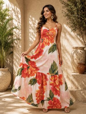 Vestido Longo Crepe Duna Floral Alça Fina com Babado na Barra