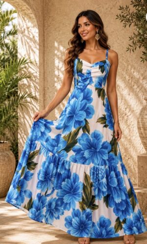 Vestido Longo Crepe Duna Floral – Azul e Branco