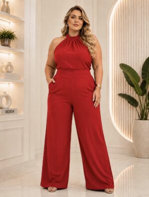 Macacão Pantalona Crepe Duna Frente Única com Gola Franzida - vermelho