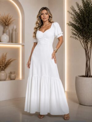 Vestido Longo Crepe Duna Branco - Elegância Fluida