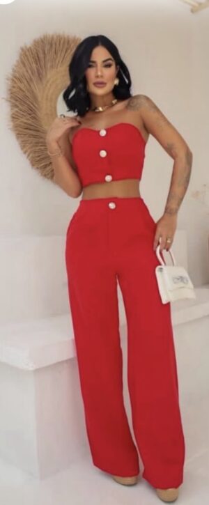 Conjunto Alfaiataria Vermelho Cropped Tomara que Caia e Calça Pantalona