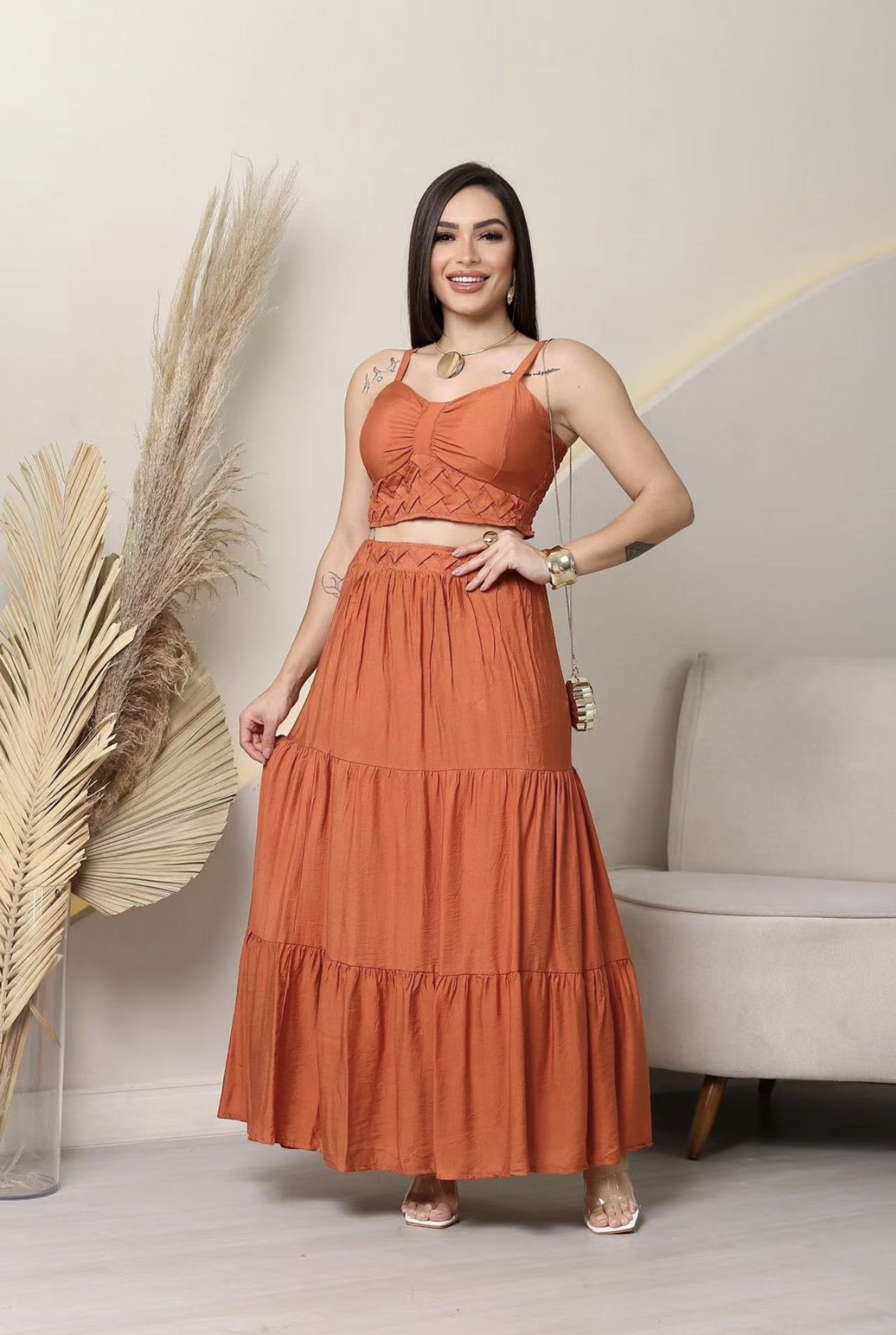 Conjunto Cropped Alça e Saia Longa Três Marias