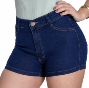 ￼Short Jeans Feminino Cintura Alta com Lycra Levanta  Bumbum -  Azul  Escuro