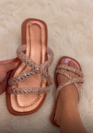 Rasteira Flat Premium Rose Gold com Tiras em Strass