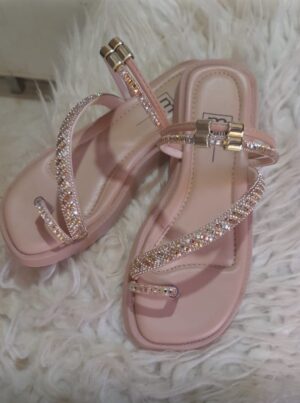 Sandália Rasteira Feminina 2 em 1 Flatform Rose com Tiras em Strass